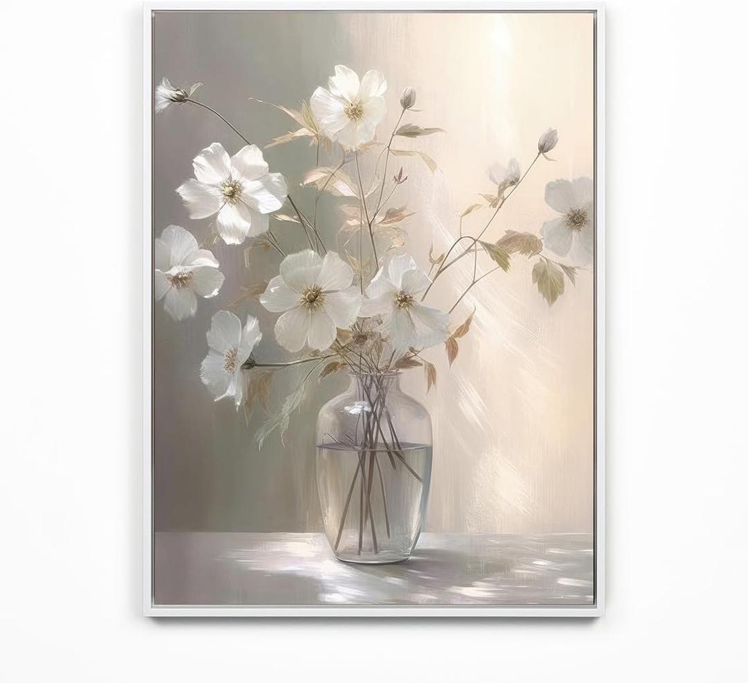 daktenn Framed Canvas Wall Art Floral Picture Wall Decor for Bathroom Wall Art Bedroom Framed Artwork for Wall Decorations prints (White Framed, 18" x 24")
