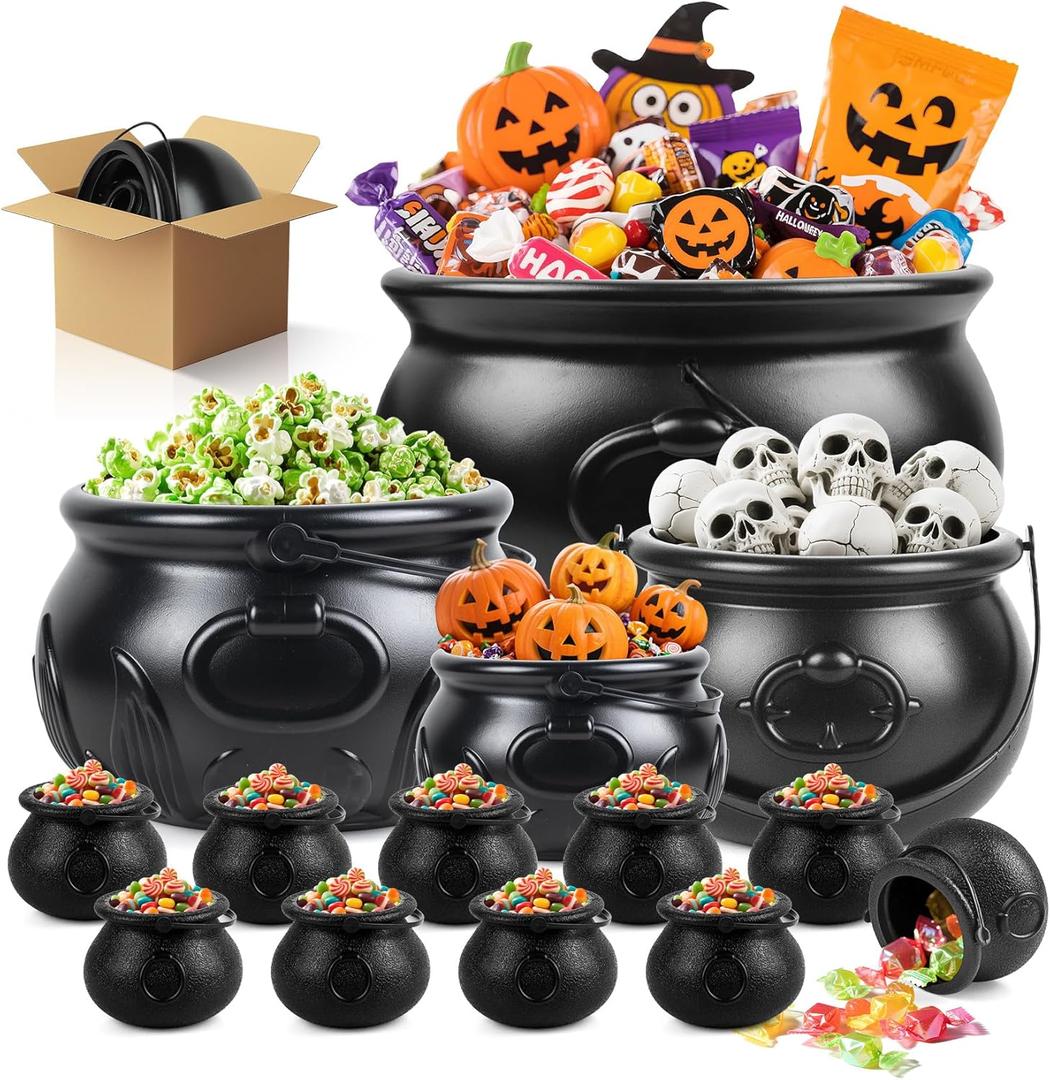 Halloween Large Black Plastic Witches Cauldron Candy Bowl Bucket 14 in 112.8, 9.8, 7.6, 5.7, 2.7halloween Large Mini Candy Cauldron Trick or Treat Bucket for Indoor Outdoor Party Decoration