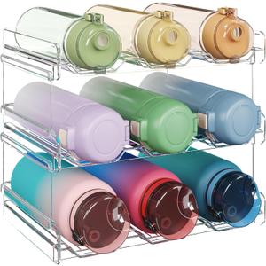 Lifewit Stackable Water Bottle Organizer for Cabinet, Water Bottle Holder, Kitchen Pantry Organization and Storage, Plastic Fridge Wine Racks, Tumbler Travel Mug Cup Holder, 3Pack, Hold 9 Bottles