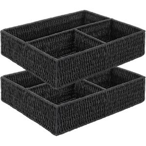 Vagusicc Wicker Divided Storage Basket, Black Wicker Baskets, Basket for Shelves Drawer Organizing, 3 Section Rectangular Woven Storage Baskets, 2-Pack (Paper Rope (Black))