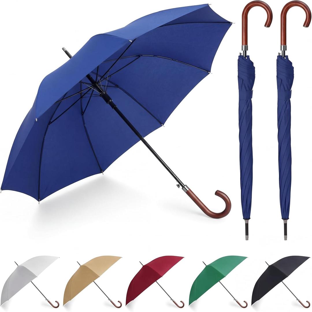 Silkfly 2 Pcs 48 Inch Auto Open Umbrella Wooden J Stick Handle Windproof Unbreakable Fast Drying Rain Umbrella(Navy Blue)