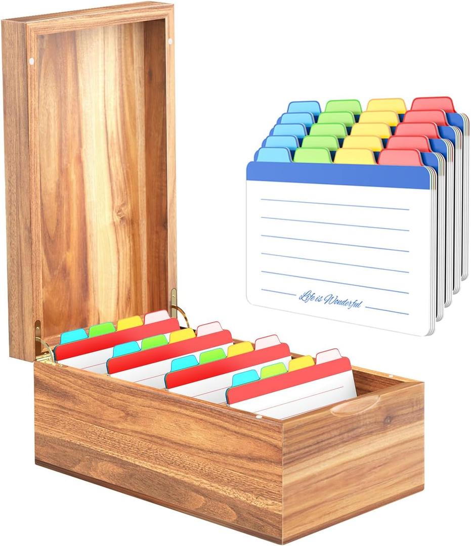 Neando 4x6 Index Card Holder, Acacia Index Card Box, Index Card Organizer Case, Wood Recipe Box with Dividers, 4 Compartments for 600 Cards, File Note Flash Card Holders