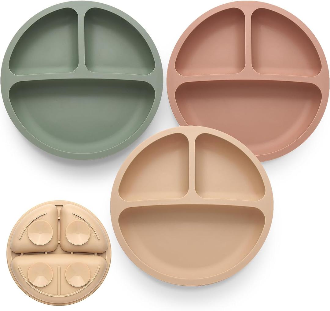 Suction Plates for Baby 3 pack, Stay Put Divided Toddler Plates, 100% Food Grade Silicone Baby Plates, BPA Free, Baby Feeding Supplies, Microwave & Dishwasher Safe (Pink)