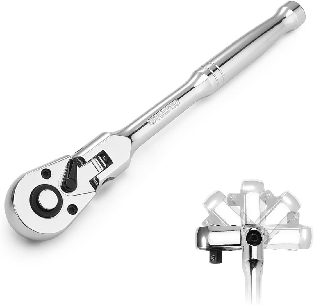 WORKPRO 1/2" Drive Flex Head Ratchet 72-Tooth Ratchet Flex Head with Chromium Plating Quick Release Reversible Design, 5 Degree Swing