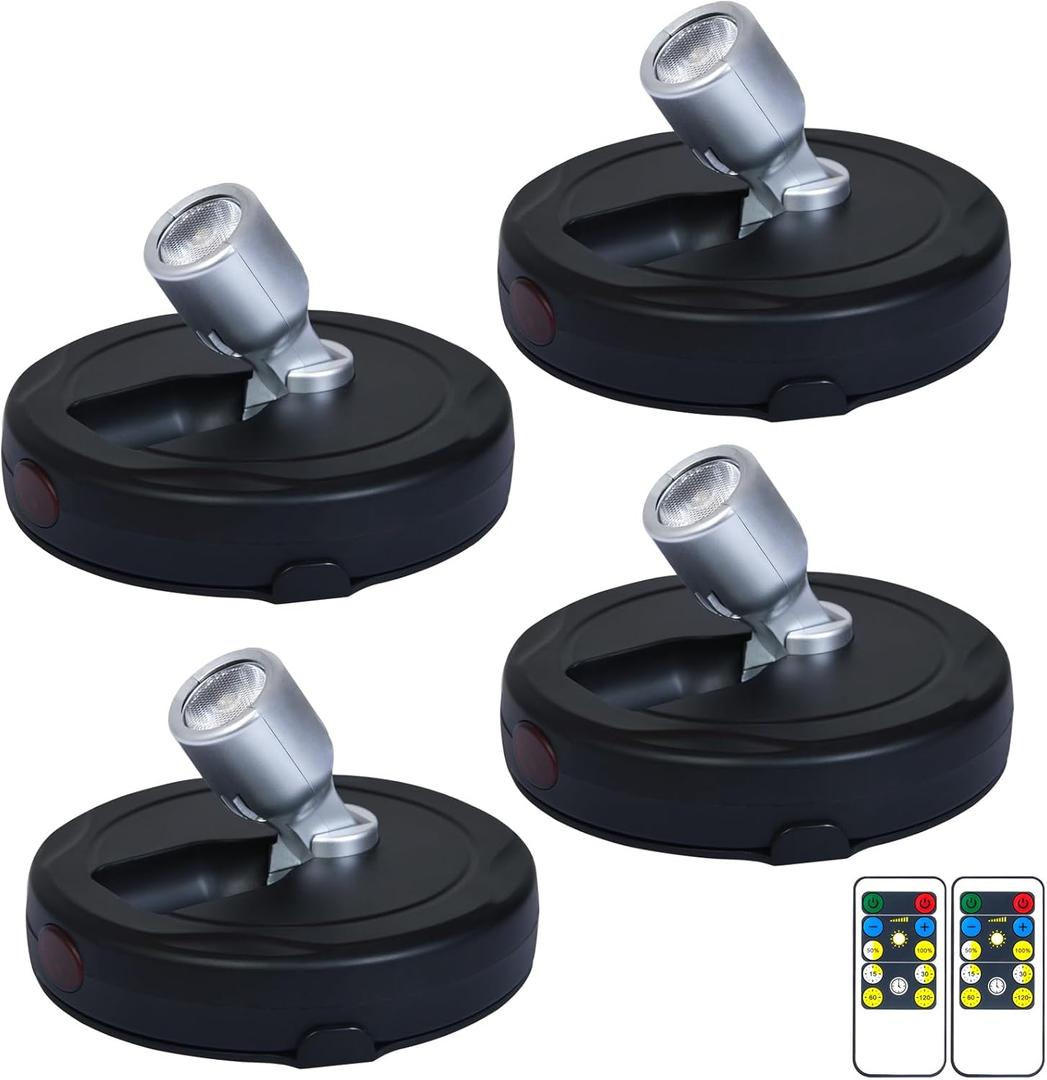 Battery Powered LED Spotlight, Wall Picture Lights, Indoor Uplighting, Puck Lights with Remote, Plants Spot Light, Display Light for Paintings Dartboard Portrait Artwork-4PCS
