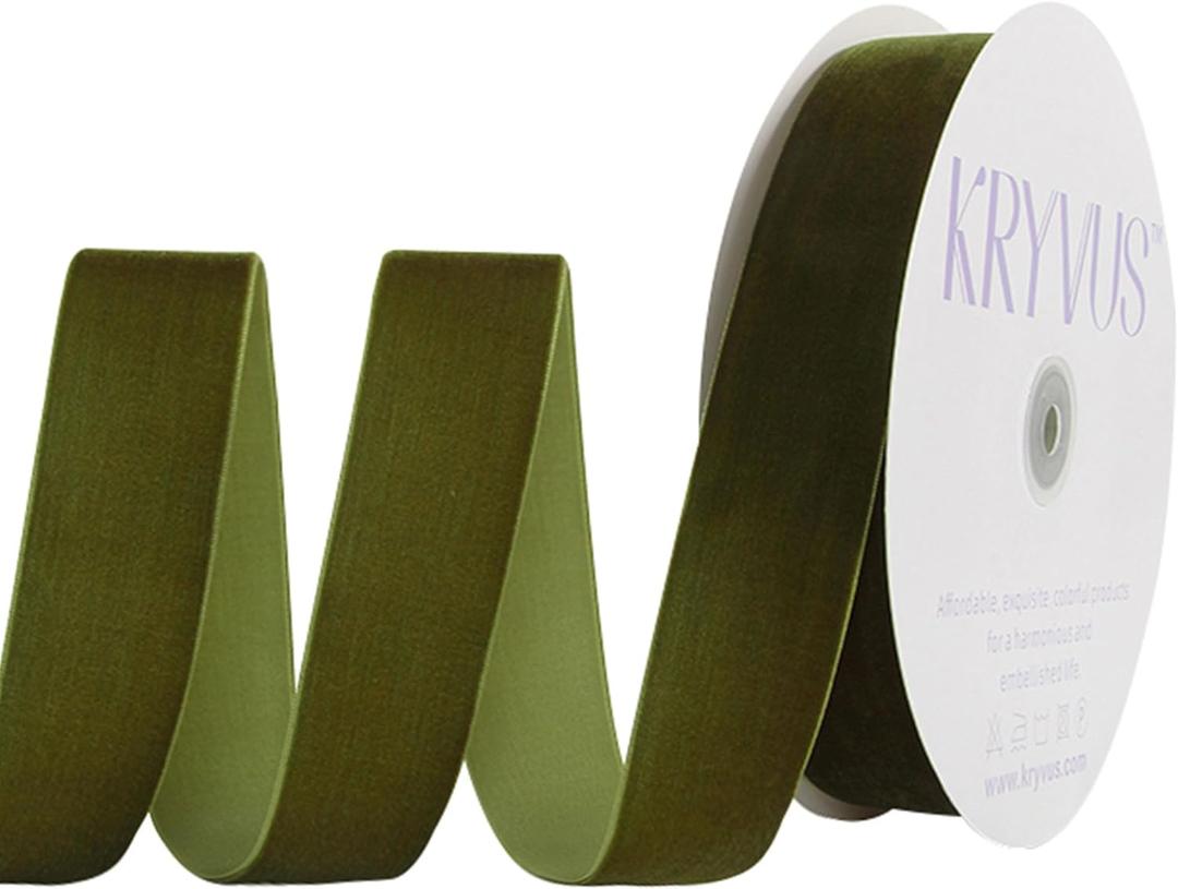 Olive Green Velvet Ribbon 1-1/2 Inch x 25Yards, Nylon Vintage Velvet Ribbons Perfect for Christmas Decoration, Handmade Craft, Gift Wrapping, Bow Making, Bouquet Packaging