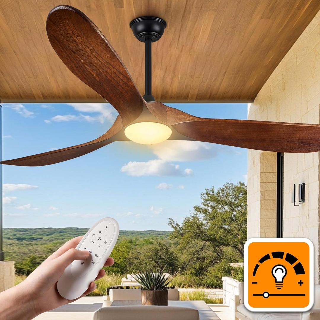 Haipeel 52 Inch Outdoor Ceiling Fans with Lights, Dimmable Solid Wood Ceiling Fan with Light and Remote Control Modern 3 Blades Propeller Ceiling Fans DC Motor for Patios Indoor Bedroom, Dark Walnut