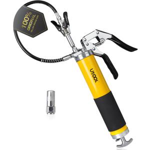 UTOOL Grease Gun, 8000 PSI Heavy Duty Pistol Grip Grease Gun Kit with 14 oz Capacity, 18 Inch Resin Flex Hose, 1 Patented Double Handle Coupler, 1 Basic Coupler (Yellow&Black)