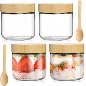 4 Pack 10oz Glass Jars with Bamboo Lids, Spoons, Airtight Overnight Oats Containers, Wide Mouth Mason Jars, Food Storage Container for Yogurt Salad Snacks Spice Sugar Meal Prep  Reusable
