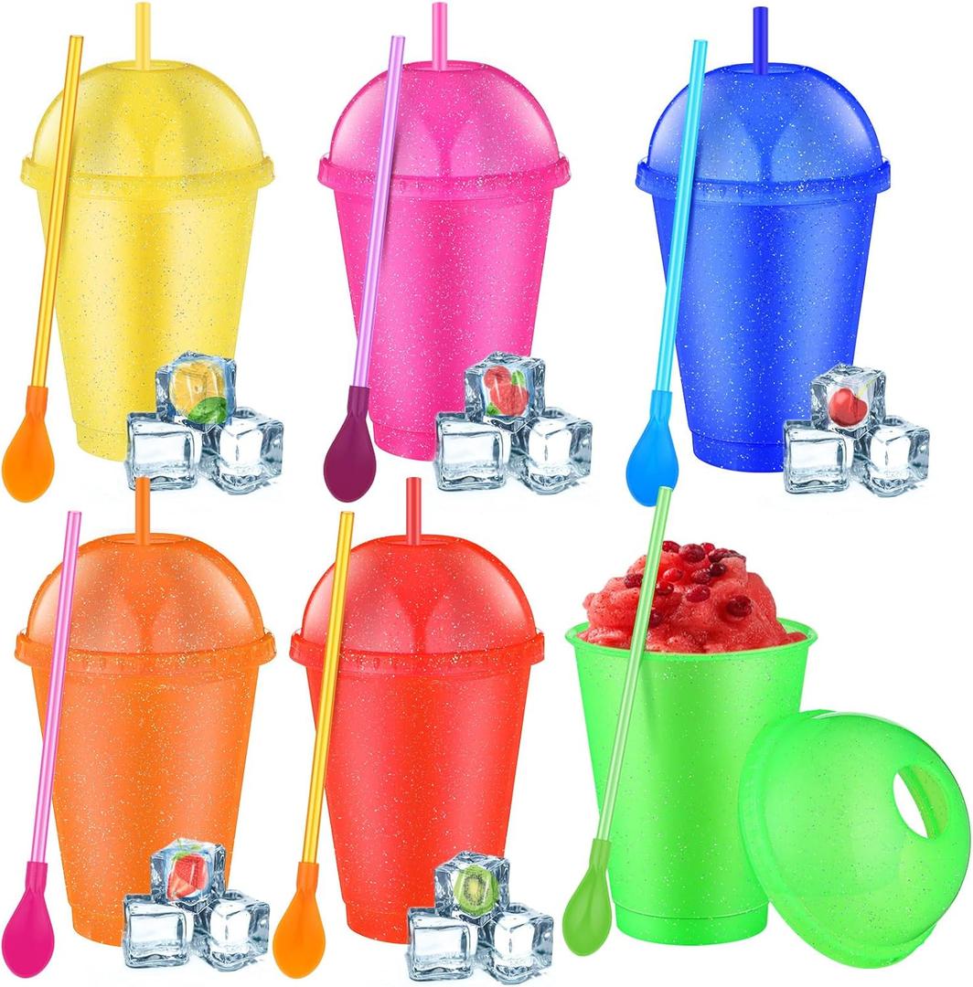 6 Set Slushie Cups with Dome Lids and Straws Detachable Spoon Straws Reusable Plastic Iced Coffee Cups Smoothie Tumbler for Birthdays Summer Party Supplies (Mixed Color,16 oz)