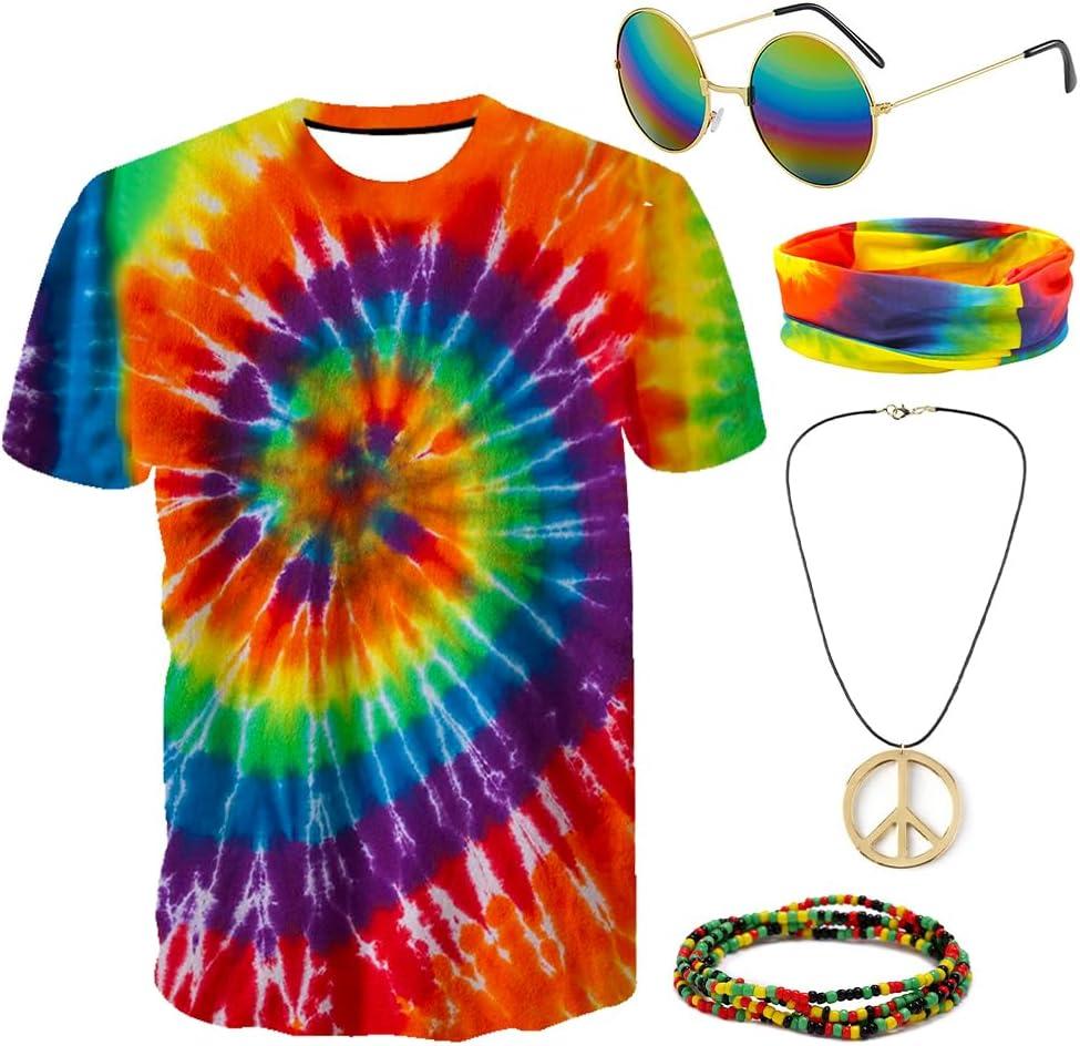 Gionforsy Hippie Costume Outfit for Men Women 60s 70s Costume Accessories T-shirt Peace Necklace for Halloween Costume Party (X-Large, Colorful)