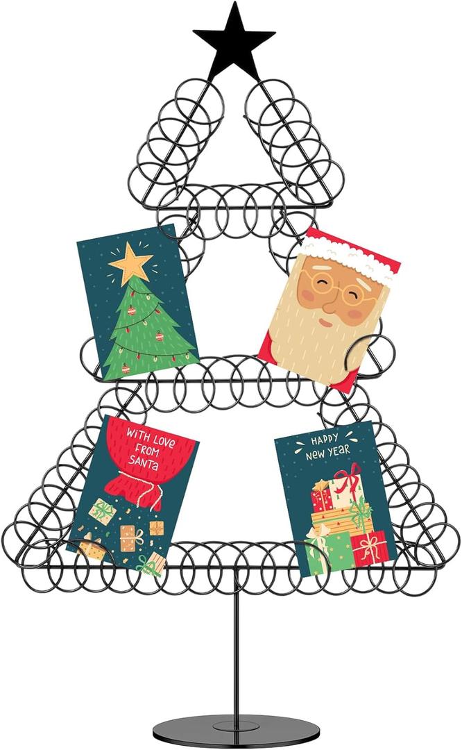 MorningRo Metal Christmas Card Holder Wreath Xmas Card Display Spiral Photo Holder Decorative Tabletop Photo Rack Spiral Wreath for Holiday Party Picture Table Gift (Black,Tree)