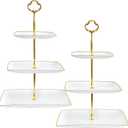 2 Pack RAUVOLFIA Plastic 3 Tier Cupcake Stand with Gold Rim, Plastic Tiered Serving Stand, Dessert Tower Tray for Tea Party, Baby Shower and Wedding, Square
