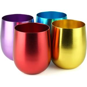 CLW Aluminum Stemless Wine/Old Fashion Glass, Set of 4, 4-Color in a Set (Purple/Blue/Pink/Gold), 21oz (Large)