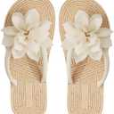 OYOANGLE Women's Applique Decor Open Toe Flip Flop Sandals Casual Outdoor Flat Slippers (Beige) 38