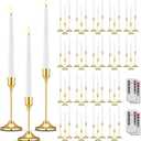 Glooglitter 60 Set(120 Pcs) Gold Candle Holders with LED Flameless Taper Candles Bulk Include Metal Taper Candlestick Holder Battery Operated Flickering Candle with 2 Timer for Christmas Wedding Gift