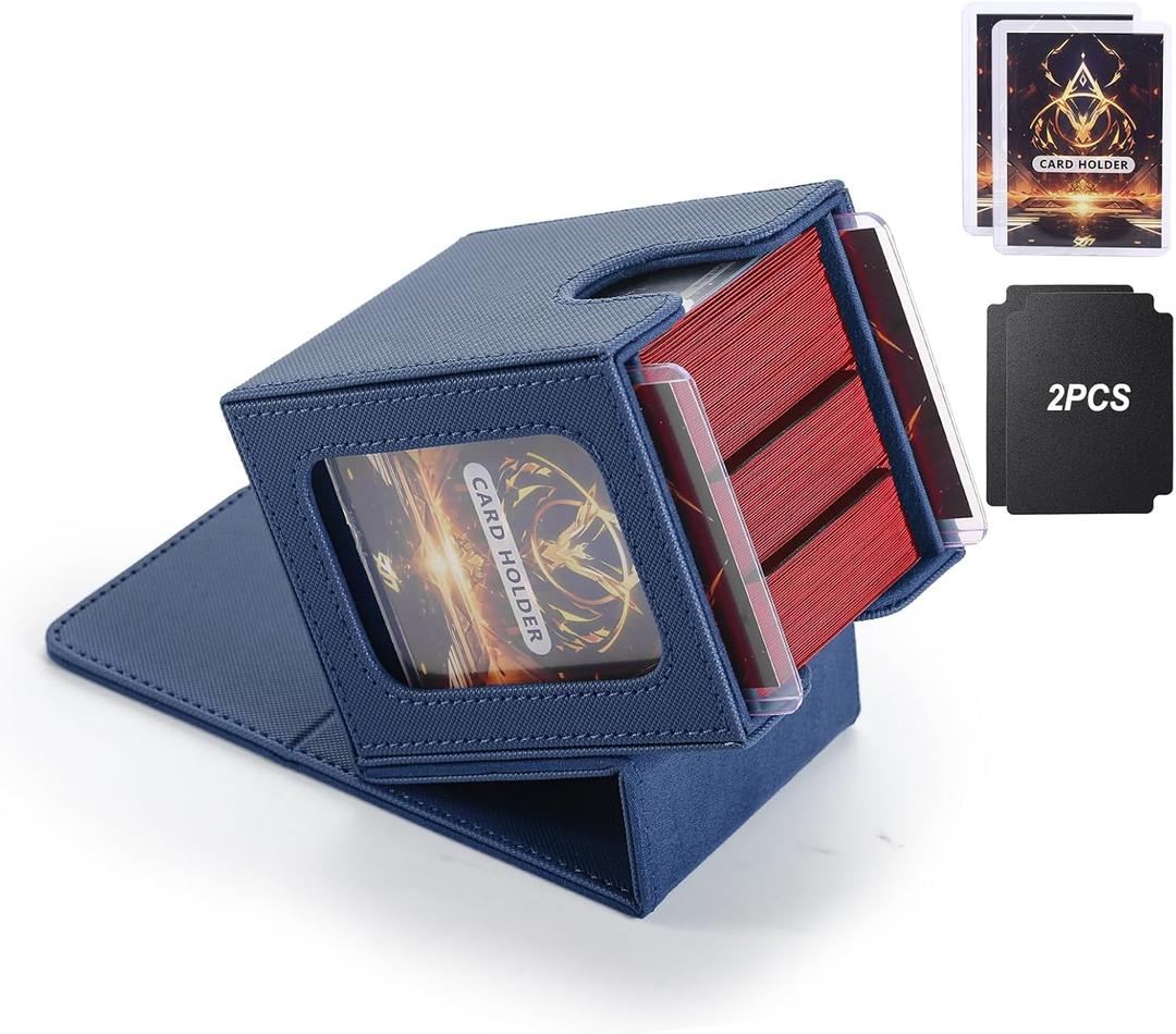 MTG Deck Box, Double Display Window MTG, Commander Deck Box Fits 120+ Single Sleeved Cards, PU Leather Magnetic Closure Card Box with 2 Dividers&2 Toploaders for TCG, CCG, Blue