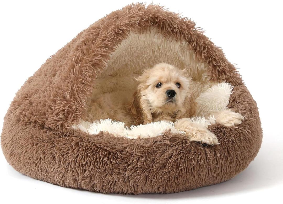 NOYAL Round Hooded Donut Dog Bed for Small & Medium Pets - Plush Fluffy Anti-Anxiety Cat Cave Bed with Cover (Small 19.6'', Brown)