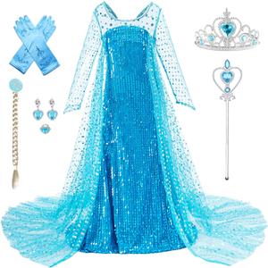Princess Dress for Girls Halloween Cosplay Fancy Dress Princess Costume Blue Sparkly Princess Dress Up Birthday Outfit (5-6 Years)