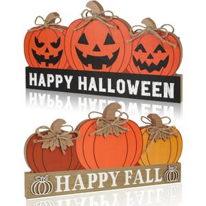 Fall Pumpkin Decor for Home Happy Halloween Thanksgiving Decoration Wooden Block Table Sign Tabletop Tiered Tray Decor Double-sided Print for Autumn Centerpieces Farmhouse Vintage Harvest Party Rustic (Large, Orange)