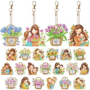 Huquary 24 Pcs Mother's Day Diamond Art Painting Keychains Kits 5D DIY Diamond Art Mother's Day Crafts Pendant Ornaments for Mom Grandma Flower Basket Mom and Child Charms for Birthday Decorations