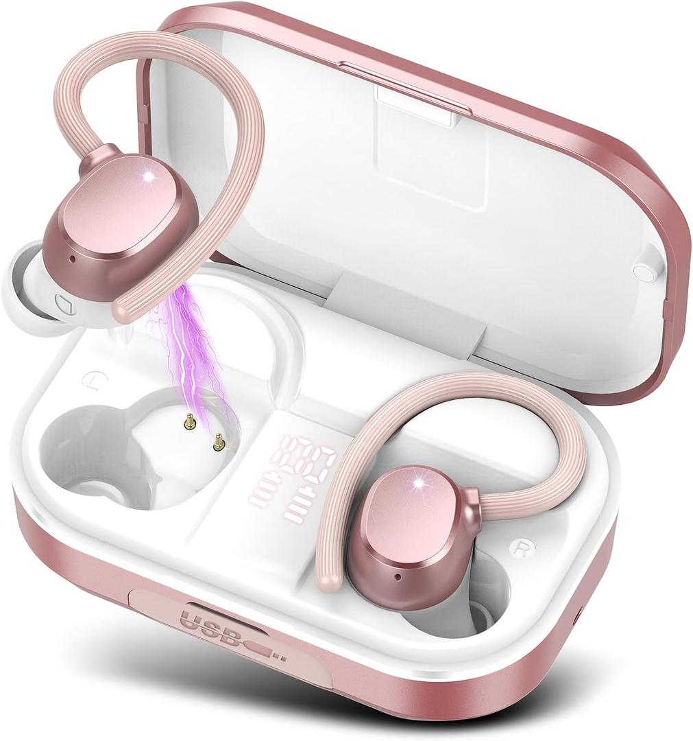 Wireless Earbuds Bluetooth Headphones 120hrs Playtime HiFi Stereo Wireless Headphones with HD Mic Deep Bass Wireless Earphones with LED Display USB-C IP7 Waterproof Earbuds for Running Sports Rose (Rose Gold)