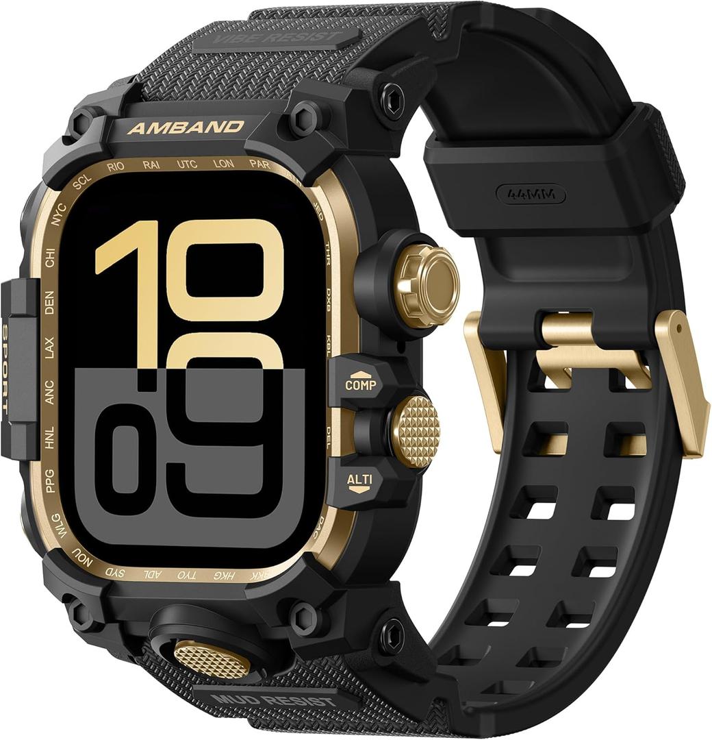 AmBand Rugged Case with Band for Apple Watch 44mm, Compatible with iWatch Series SE 3/SE 2nd Generation/SE/6/5/4, Military Grade Shockproof Bumper Cover, Tactical Band for Men, Black Gold