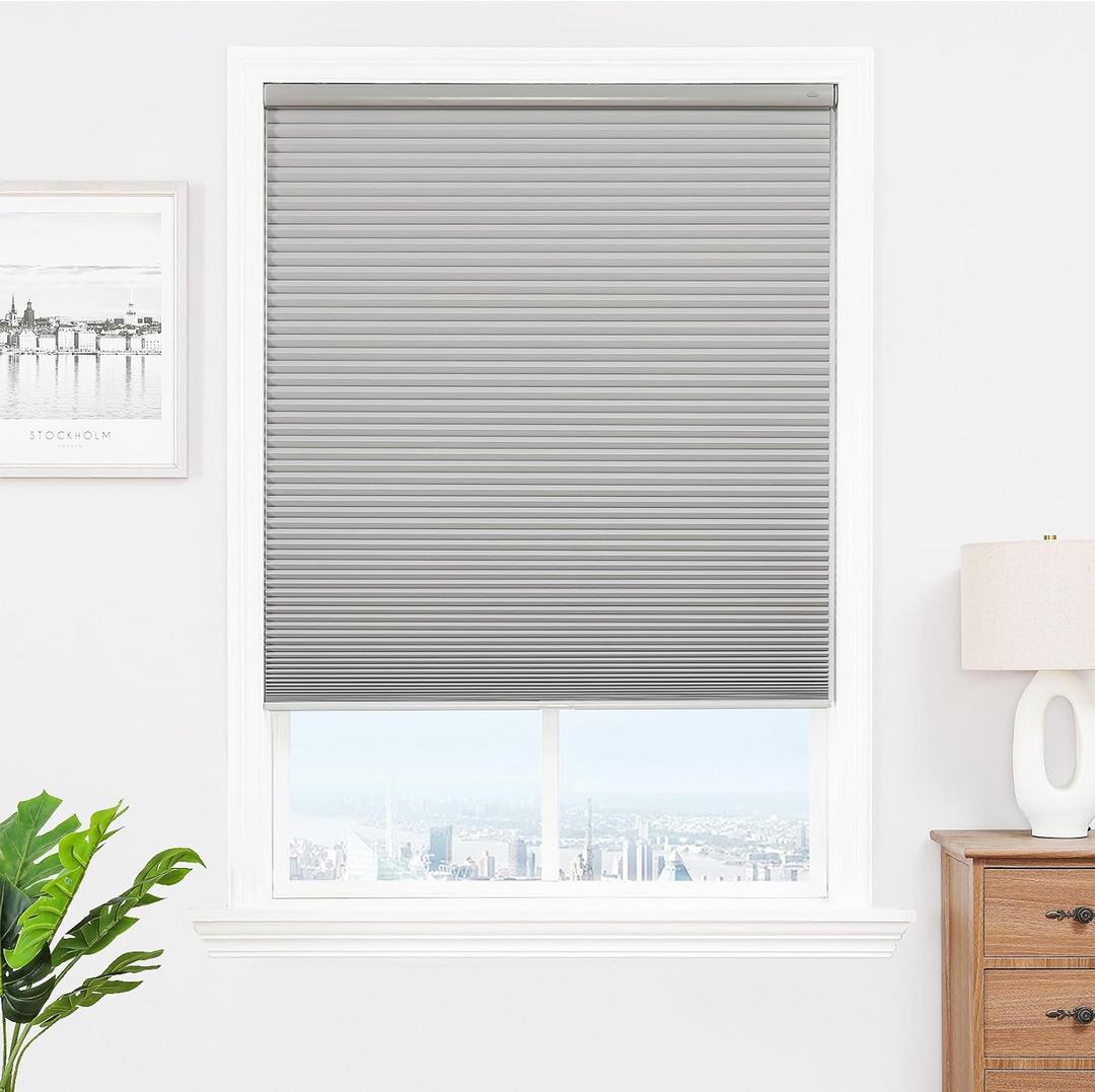 Joydeco No Tools No Drill Window Blinds for Indoor Windows, Blackout Shades Cellular Shades Cordless, No Drill Blinds for Windows, Window Shades for Home, Bedrooms, Doors (Grey, 34" W x 64" H)