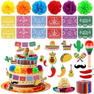 Hooqict 33Pcs Fiesta Cake Decorations Set with Mini Papel Picado Banner, Serape Ribbon, Cactus, Taco and Flower Mexican Cake Toppers & Cupcake Toppers for Cinco de Mayo Mexican Theme Party Decorations