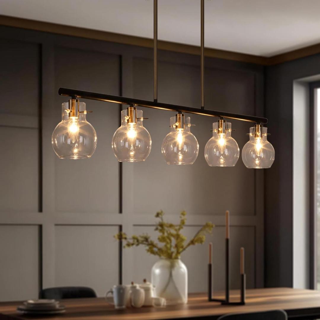 classy leaves Kitchen Island Lights 5 Light Modern Chandeliers with Clear Glass 38" Black Gold Linear Chandelier for Kitchen, Dining Room, Foyer, Bedroom