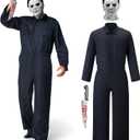 Michael Myers Costume Adult, Halloween Horror Jumpsuit Men Navy Blue Coveralls with Killer Mask and Toy Knife (Large)
