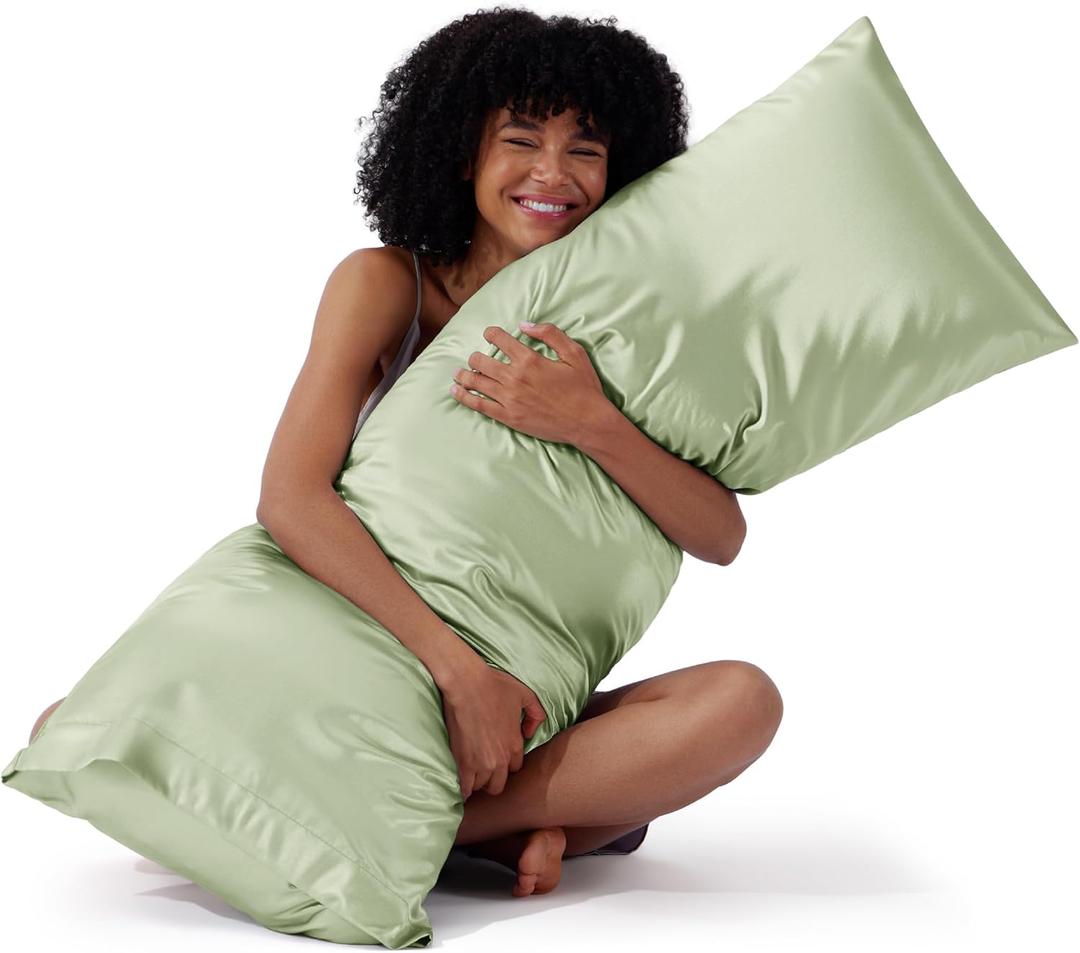 Bedsure Body Pillow Cover 20x54 Inches - Sage Green Satin Similar to Silk Pillowcase for Hair and Skin, Cooling and Silky Long Body Pillow Pillowcase with Envelope Closure, Gifts for Women Men