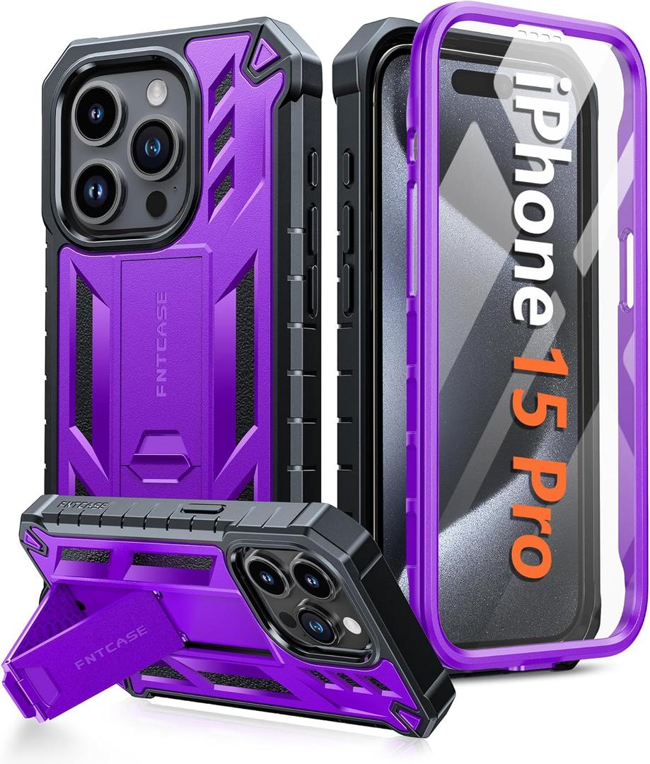 FNTCASE for iPhone 15 Pro Case: Military Grade Drop Proof Rugged Protective Cell Phone Cover with Kickstand & Built-in Protector | Matte Textured Shockproof TPU Hybrid Bumper Cases (Purple)