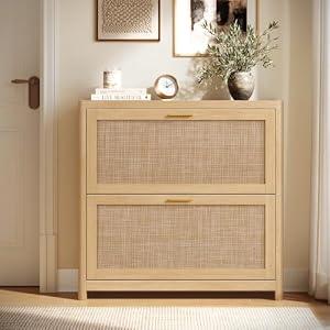 VASAGLE Boho Shoe Storage Cabinet, Slim, Rattan-Look Flip Drawers