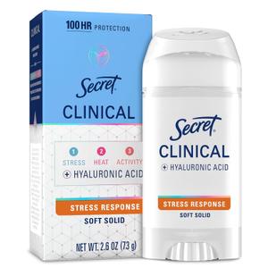 Secret Clinical Strength 100HR Sweat & Odor, Stress Response Soft Solid Antiperspirant Deodorant for Women, 3X Stress Protection with Hyaluronic Acid, PH Balancing Minerals, 2.6 oz