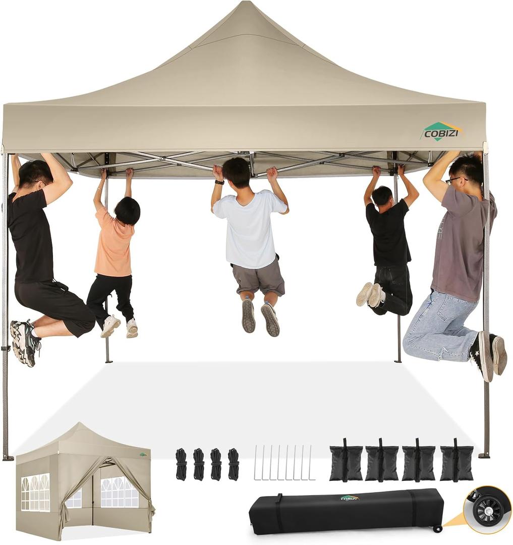 COBIZI 10x10 Pop Up Canopy with 4 Sidewall,Heavy Duty Canopy UPF 50+ All Season Wind Waterproof Commercial Outdoor Wedding Party Tents for Parties Canopy Gazebo with Roller Bag(10 x 10 ft Khaki)