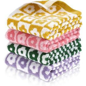4 Pcs Checkered Hand Towels, Cute Cotton Bath Towels Soft Absorbent Floral Hand Towels for Bathroom, Colorful Patterned Face Towels for Bath Spa Gym Kitchen 13 x 29