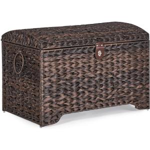 Handwoven Storage Basket with Lid, 178L Plastic Rattan Storage Bin, Leather Buckle & Metal Frame, Large Metal Ring Handles, Storage Trunk for Bedroom, Laundry Room