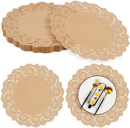 MCEAST 100 Pack Round Brown Kraft Paper Doilies 13.5 Inches Lace Paper Place Mats Rustic Scallop Doily Disposable Table Pads for Food Cakes Crafts Party Weddings Tableware Decor, Large, Bro