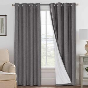 H.VERSAILTEX Linen Blackout Curtains 108 Inches Long 100% Absolutely Blackout Thermal Insulated Textured Linen Look Curtain Draperies Anti-Rust Grommet, Energy Saving with White Liner, 2 Panels, Grey