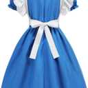 Princess Dress Wonderland Costume for Girls Halloween Dress Up Outfits with Wig (140(7-8T), Blue)