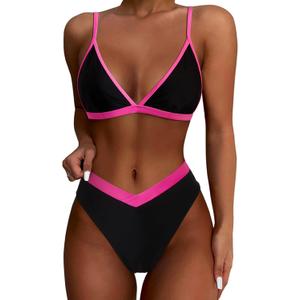 SUUKSESS Women Triangle High Cut Bikini Sets Sexy High Waisted 2 Piece Swimsuit (Medium, 57 Black Pink)