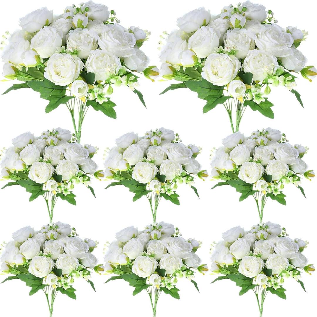 Geosar 8 Bundles Artificial Peonies Flowers Fake Silk Peony Bouquet Faux Peonies Flowers Bulk for Decoration Vase Floral Arrangements Wedding Party Table (White)