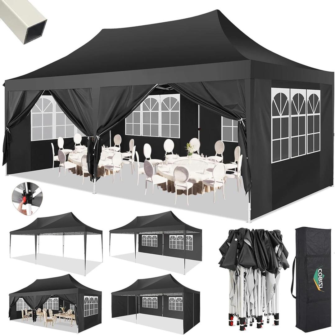 COBIZI 10x20 Pop Up Canopy with 6 Sidewalls,10x20 Canopy Tent Frame Upgraded with 3 Adjustable Heights, Waterproof UV50+ Outdoor Party Commercial Ez Up Gazebos with Carry Bag(10 x 20 ft Black)