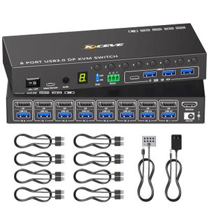 8 Port KVM Switch Displayport 4K@60Hz EDID Simulation, USB 3.0 DP KVM Switch for 8 Computers Share 1 Monitor and 4 USB Devices, KVM Switches with Audio RS232 Wired Remote 12V Power and 8 USB Cable