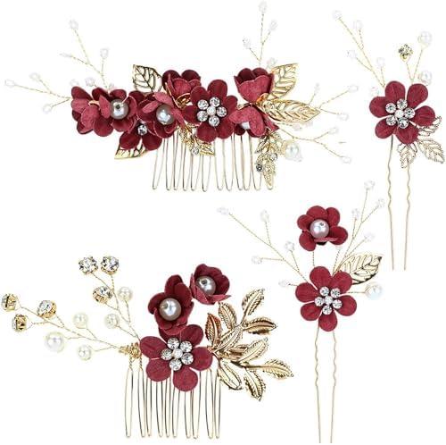 4Pcs Bridal Headpieces Hair Combs, Handmade Hair Comb Set Flower Pearl Hair Barrettes, Crystal Floral Leaf Hair Clip Hair Accessories for Women Girls Bride Bridesmaid
