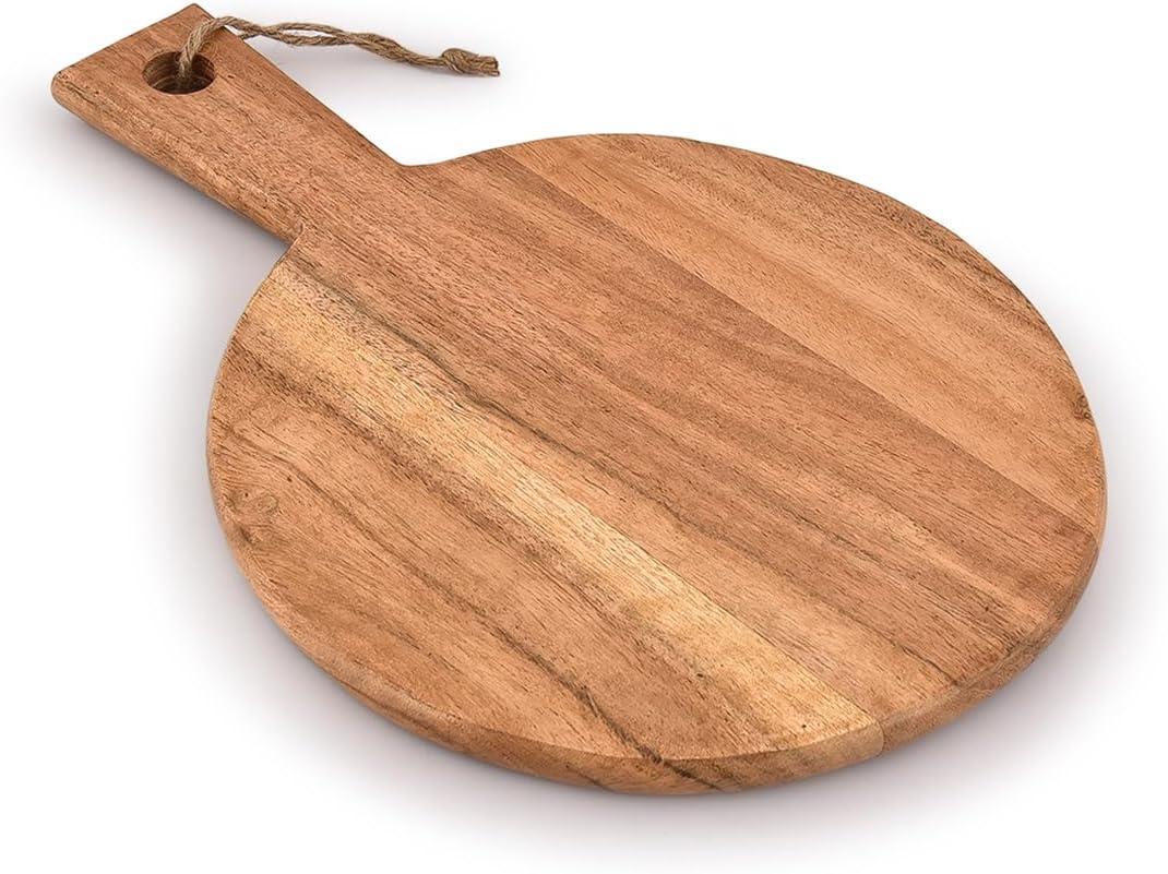 Samhita Round Acacia Wood Cutting Board with Handle for Chopping and Serving Charcuterie, Cheese, Pizza, Bread - Wall Dcor (13" X 9" X 0.75")