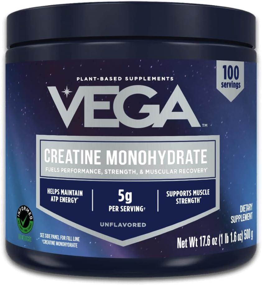 Vega Creatine Monohydrate Micronized Powder, Pure Unflavored, 100 Servings, 5000mg Per Serving, 17.6 oz