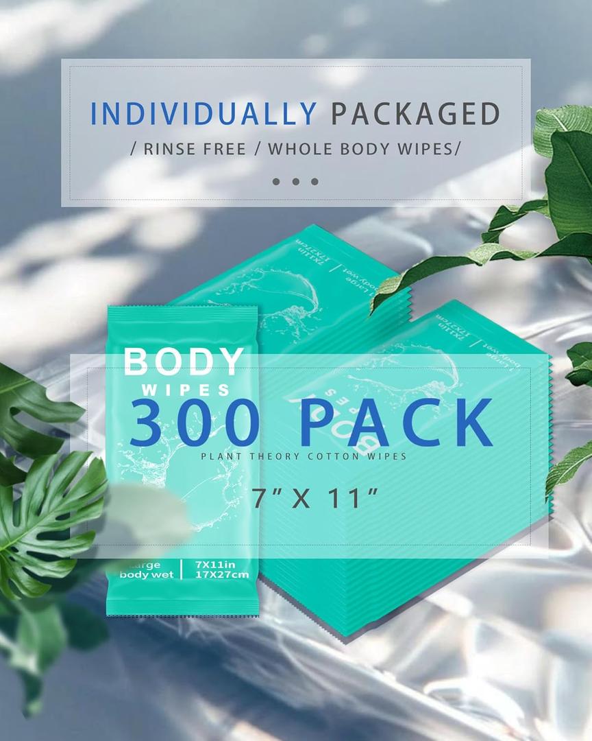 FUMMI 300 Pack Body Wipes Large Individually Packaged Bath Wipes for Adults, Travel, Gym, Camping, Elderly, Bedridden No Rinse, Moisturizing & Refreshing Clean (Textured)