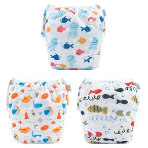 Babygoal Swim Diapers 3 Pack for 8M-3T Babies and Toddlers, Reusable Adjustable Washable for Baby Girl and Boy Swimming Lessons-Fish,Duck (Large)